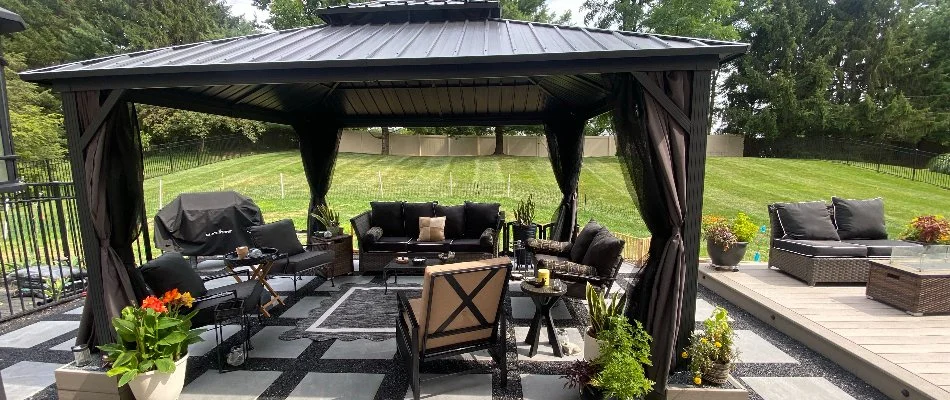 Black gazebo over a patio in Lititz, PA.