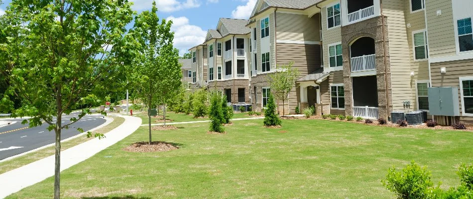 Green lawn and trees outside a few buildings in Mountville, PA.