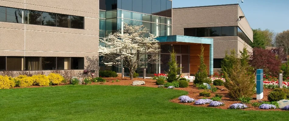 Lawn and landscaping in front of a building in Landisville, PA.