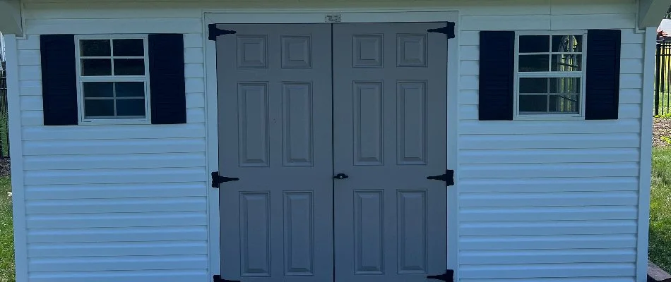 White shed in Lititz, PA, recently soft-washed.
